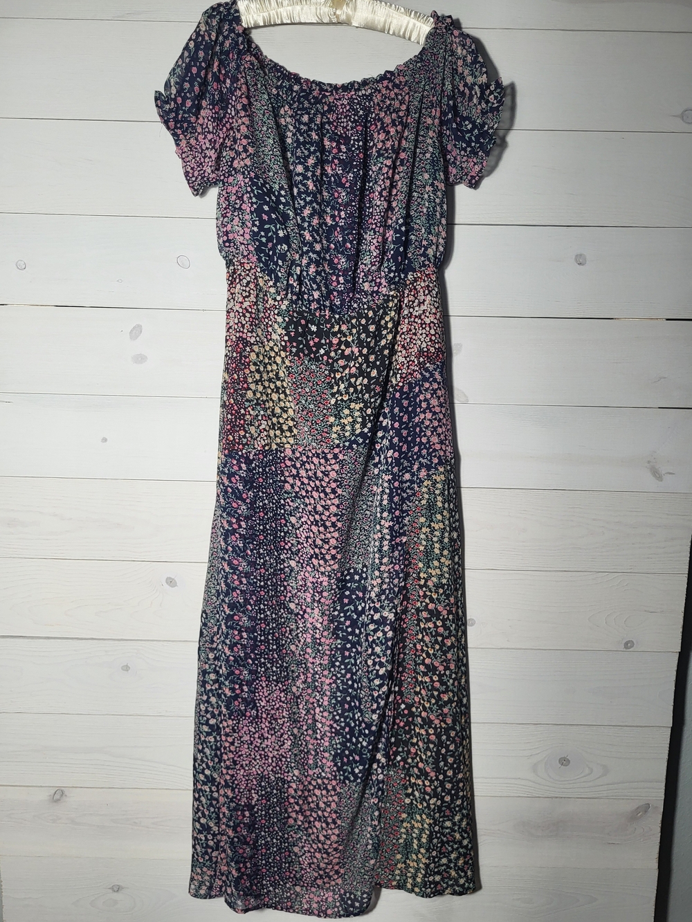Lulu's Maxi Dress Ditsy Floral Patchwork Off Shoulder BOHO Cottagecore.